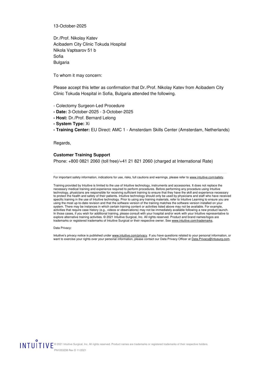Letter of Attendance на Intuitive — Colectomy Surgeon-Led Procedure, Amsterdam Skills Centre, наставник проф. Bernard Lelong, 03.10.2025