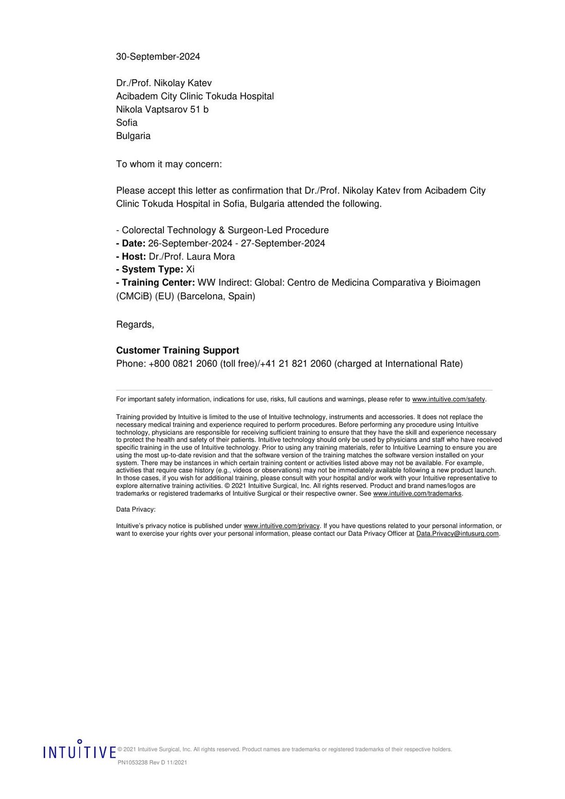 Letter of Attendance на Intuitive — Colorectal Technology & Surgeon-Led Procedure, CMCiB Барселона, наставник проф. Laura Mora, 26–27.09.2024