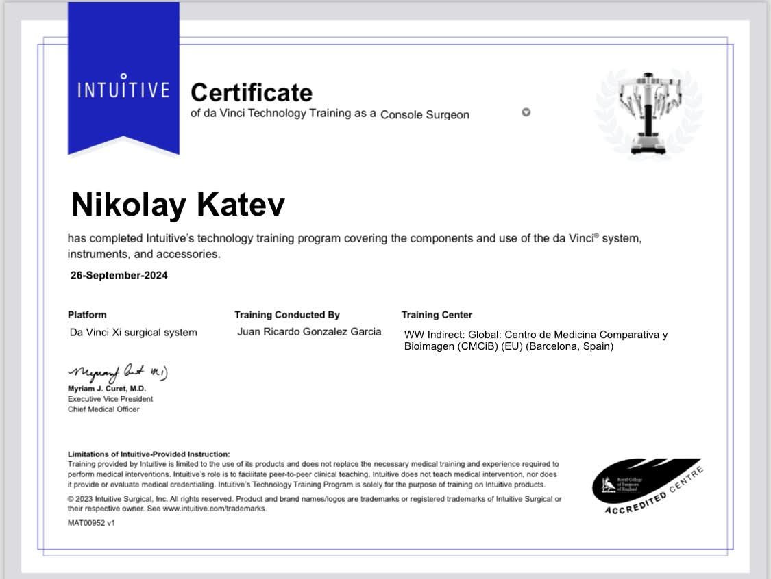 Сертифициран конзолен хирург Da Vinci Xi — Intuitive, CMCiB Барселона
